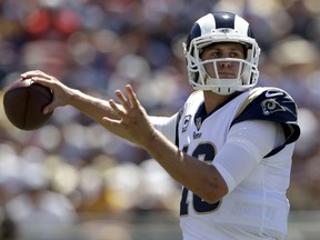 Los Angeles Rams quarterback Jared Goff passes against the Arizona Cardinals during the first half of an NFL football game Sunday, Sept. 16, 2018, in Los Angeles.