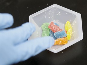 In this Wednesday, Aug. 22, 2018, photo, edible marijuana samples are set aside for evaluation at Cannalysis, a cannabis testing laboratory, in Santa Ana, Calif. Nearly 20 percent of the marijuana and marijuana products tested in California for potency and purity have failed, according to state data provided to The Associated Press.