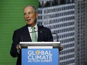 Michael Bloomberg, the UN Secretary-General's Special Envoy for Climate Action, speaks during the plenary session of the Global Action Climate Summit Thursday, Sept. 13, 2018, in San Francisco. The mayor of Paris and other top officials who were instrumental in the securing the 2015 U.N. climate accord open a California summit by talking about the importance of continuing the path to clean energy, despite President Donald Trump's withdrawal of the United States from the pact.