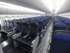 FILE - In this Jan. 26, 2016, file photo, economy class seating is shown on a new United Airlines Boeing 787-9 undergoing final configuration and maintenance work at Seattle-Tacoma International Airport in Seattle. The Federal Aviation Administration would be required to set new minimum requirements for seats on airplanes under legislation to be considered in the House this week. The regulation of seat width and legroom is part of a five-year extension of federal aviation programs agreed to early Saturday, Sept. 22, 2018, by Republican and Democratic leaders of the House and Senate committees that oversee the nation's air travel.