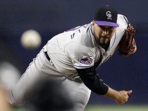 Colorado Rockies starting pitcher Antonio Senzatela works against a San Diego Padres batter during the first inning of a baseball game Friday, Aug. 31, 2018, in San Diego.