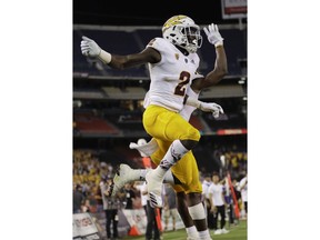 Arizona State wide receiver Brandon Aiyuk reacts with teammates after scoring a touchdown during the first half of an NCAA college football game against San Diego State, Saturday, Sept. 15, 2018, in San Diego.