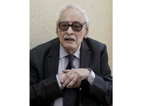 FILE - In this July 12, 2015 file photo, actor Gamil Ratib, attends a funeral in Cairo, Egypt. Ratib, an award-winning Franco-Egyptian actor whose roles as villain or aristocrat made him a household name across the Arab world, died Wednesday, Sept. 19, 2018. He was 92. Ratib appeared in about 100 films in both French and Arabic.