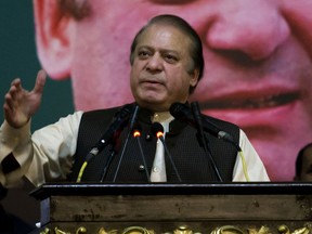 FILE - In this Oct. 3, 2017 file photo, former Pakistani Prime Minister Nawaz Sharif addresses his Pakistan Muslim League supporters during a party general council meeting in Islamabad, Pakistan. On Wednesday, Sept. 19, 2018, a Pakistani court suspended the prison sentences of Sharif, his daughter and son-in-law, and set them free on bail pending their appeal hearings. The Islamabad High Court made the decision on the corruption case handed down to the Sharifs by an anti-graft tribunal earlier this year.