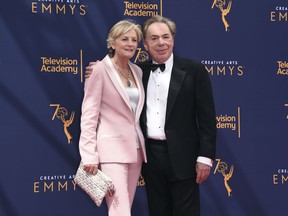 Madeleine Gurdon, left, and Andrew Lloyd Webber arrive at night two of the Creative Arts Emmy Awards at The Microsoft Theater on Sunday, Sept. 9, 2018, in Los Angeles.