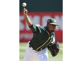 Oakland Athletics starting pitcher Edwin Jackson (37) throws against the Los Angeles Angels during the first inning of a baseball game in Oakland, Calif., Thursday, Sept. 20, 2018.