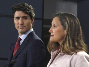 Prime Minister Justin Trudeau and Foreign Affairs Minister Chrystia Freeland speak at a press conference in Ottawa on Thursday, May 31, 2018.