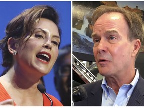 FILE - This combination of file photos shows Michigan gubernatorial candidates, Democrat Gretchen Whitmer, left, and Republican Bill Schuette. President Donald Trump has supported Schuette in his run for governor against Whitmer. That may have helped Schuette in a competitive GOP primary, but it could cost him some support in the general election. (AP Photo/File)