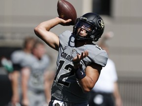 Colorado quarterback Steven Montez warms up before an NCAA college football game against New Hampshire Saturday, Sept. 15, 2018, in Boulder, Colo.