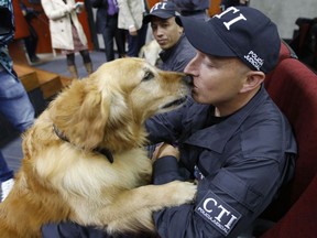 Sniffer dog Simon kisses his handler during a retirement ceremony, in Bogota, Colombia, Friday, Sept. 21, 2018. 14 dogs, including Simon, who spent the past decade sniffing for explosives, cocaine, and in search and recovery efforts, officially retired Friday in a ceremony attended by dozens of their human comrades.  The Chief Prosecutor plans to put the dogs up for adoption, placing them with families that will help them to live out their retirement years in peace and tranquility.