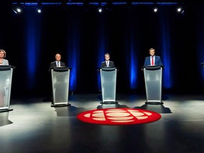 NDP Leader Jennifer McKenzie, left to right, Green Party Leader David Coon, People's Alliance Leader Kris Austin, Liberal Leader Brian Gallant and PC Leader Blain Higgs part take in the New Brunswick Leaders' debate in Riverview, N.B., Wednesday, Sept. 12, 2018. No sitting premier has managed to win a second term since 2003, with the Liberals and Progressive Conservatives simply swapping power back and forth.