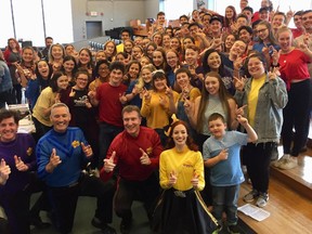 A star-struck high school choir dissolved into screams of joy when musical super group the Wiggles stopped by their rehearsal on Tuesday - and then invited the teens to join them on stage. Students of The Holy Heart of Mary high school in St. John's pose with members of the Wiggles in a Tuesday, Sept. 25, 2018, handout photo.