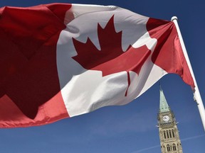 The Canadian flag is seen in front of the Peace Tower on Parliament Hill in Ottawa on October 2, 2017. Canada has slipped six places to 55th spot on an annual list of global freedom-of-information rankings, tied with Bulgaria and Uruguay.
