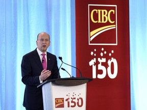 Victor Dodig, President and CEO of CIBC speaks during the annual meeting of shareholders in Ottawa on April 6, 2017. The CEO of the Canadian Imperial Bank of Commerce says Canada should boost its global competitiveness by offering clearer foreign investment rules and matching a U.S. policy which allows companies to immediately write off the full cost of capital investments. Victor Dodig says a lack of clarity on foreign investment rules is making business leaders and their clients hesitant to make significant investments in Canada.