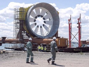 A turbine for the Cape Sharp Tidal project is seen at the Pictou Shipyard in Pictou, N.S. on Thursday, May 19, 2016. Nova Scotia's Department of Energy and Mines has issued a permit for a tidal electricity project in the Bay of Fundy. The marine renewable energy permit allows Black Rock Tidal Power to test a 280-kilowatt floating platform, called the PLAT-I, for up to six months.THE CANADIAN PRESS/Andrew Vaughan