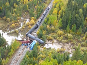 An aerial view of the train derailment near Ponton, Man. is seen on Sept. 15, 2018 in this handout photo. A Transportation Safety Board investigator says beavers may have contributed to the train derailment in northern Manitoba that left one railway worker dead and another injured.