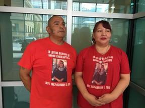 Alex Baptiste, left, speaks to reporters alongside his cousin Verlyn Baptiste after he testified about the last time he saw his sister, Dawns Baptiste alive, at the Calgary courthouse on Monday, September 10, 2018. A murder trial has begun for a man accused of raping a woman and then hitting her in the head with a rock in 2015. Curtis Healy has pleaded not guilty to first-degree murder in the death of Dawns Baptiste.