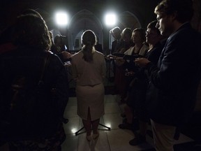 Minister of Foreign Affairs Chrystia Freeland speaks to reporters in the foyer of the House of Commons following a cabinet meeting on Parliament Hill in Ottawa on Tuesday, Sept. 18, 2018. Freeland is back in Washington and back in search of a way to bridge the divide that's keeping Canada out of a new North American free trade pact.