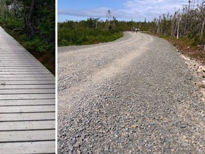 An upgraded trail (right) which replaced a boardwalk (left) in Gros Morne National Park is shown in a handout photo. Some local residents are objecting to a recent decision by Parks Canada to upgrade the trail by replacing an iconic boardwalk with a gravel path that is as wide as a two-lane road. As well, plants that used to flourish beside of the trail have also been pulled away.