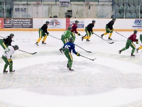 Members of the Humboldt Broncos take part in a team practice Tuesday, Sept.11, 2018. The Broncos will host the Nipawin Hawks during the season home opener.