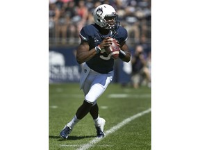 Connecticut quarterback David Pindell (5) looks to pass during an NCAA college football game against Rhode Island, Saturday, Sept. 15, 2018, in East Hartford, Conn.