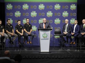 NHL Deputy Commissioner Bill Daly speaks at a news conference for the NHL Winter Classic hockey game, Thursday, Sept. 6, 2018, in Chicago. The Boston Bruins will play the Chicago Blackhawks at Notre Dame Stadium on New Year's Day in South Bend, Ind.