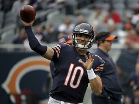 Chicago Bears quarterback Mitchell Trubisky (10) warms up before an NFL football game against the Tampa Bay Buccaneers Sunday, Sept. 30, 2018, in Chicago.