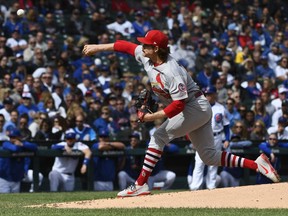 St. Louis Cardinals starting pitcher Miles Mikolas (39) delivers during the first inning of a baseball game against the Chicago Cubs on Saturday, Sept. 29, 2018, in Chicago.