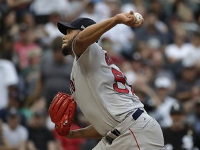 Boston Red Sox starting pitcher Eduardo Rodriguez throws to a Chicago White Sox batter during the first inning of a baseball game Saturday, Sept. 1, 2018, in Chicago.