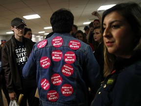 Supporters of Supreme Court nominee Brett Kavanaugh gather inside the Hart Senate Office Building on Capitol Hill in Washington, Thursday, Sept. 27, 2018. The Senate Judiciary Committee is hearing from Christine Blasey Ford, the woman who says Kavanaugh sexually assaulted her.