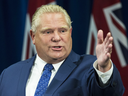 Premier Doug Ford  holds a press conference arguing against the judges ruling about slashing the size of City council  in Toronto on Sept. 10, 2018.