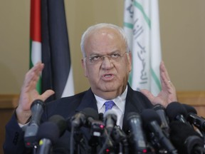 Palestinian Saeb Erekat, a veteran peace negotiator, speaks during a press conference in the West Bank city of Ramallah, Tuesday, Sept. 11, 2018.