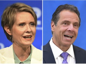New York gubernatorial candidate Cynthia Nixon, left, speaks during a Democratic primary debate in Hempstead, N.Y., on Aug. 29, 2018, and Gov. Andrew Cuomo speaks at a press conference in New York on July 18, 2018. Democratic primary voters in New York on Thursday, Sept. 13 will settle the primary battle between two-term Cuomo and liberal challenger Nixon.