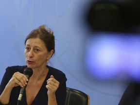 Head of the UNESCO emergency mission, Cristina Menegazzi, speaks during a press conference about the major fire in Rio's National Museum, at the representation's headquarters, in Brasilia, Brazil, Tuesday, Spet. 18, 2018. UNESCO coordinates an emergency mission, consisting of specialists in recovery and reconstruction, who will support Brazil in the reconstruction work of the National Museum of Rio de Janeiro.