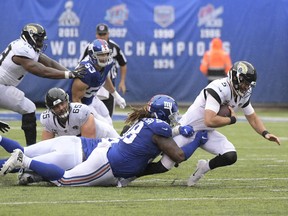 New York Giants defensive tackle Damon Harrison (98) sacks Jacksonville Jaguars quarterback Blake Bortles (5) during the first half of an NFL football game Sunday, Sept. 9, 2018, in East Rutherford, N.J.