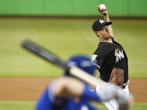 Miami Marlins starting pitcher Wei-Yin Chen delivers during the first inning of a baseball game against the Toronto Blue Jays, Saturday, Sept. 1, 2018, in Miami.