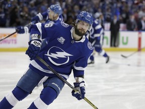 FILE - In this May 13, 2018, file photo, Tampa Bay Lightning right wing Nikita Kucherov (86) skates in warm-ups prior to Game 2 of the NHL Eastern Conference finals hockey playoff series against the Washington Capitals, in Tampa, Fla.