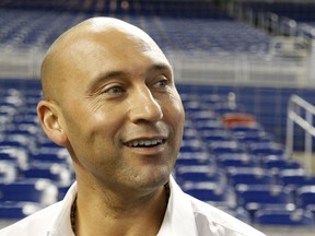 Miami Marlins CEO Derek Jeter speaks to the media before a baseball game against the Cincinnati Reds in Miami, Thursday, Sept. 20, 2018.