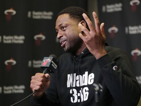 Miami Heat guard Dwyane Wade speaks during media day at the NBA basketball team's practice facility, Monday, Sept. 24, 2018, in Miami. This will be Wade's 16th and final season in the NBA.