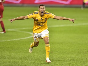 UANL Tigres midfielder Jesus Duenas (29) celebrates his second goal during second half Campeones Cup soccer action against Toronto FC in Toronto on Wednesday, Sept. 19, 2018.