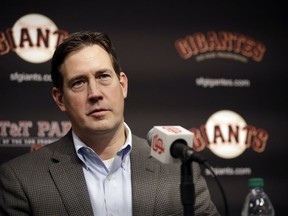 FILE - In this Jan. 19, 2018, file photo, San Francisco Giants general manager Bobby Evans during a news conference in San Francisco. Evans has been fired as the Giants' general manager, Monday, Sept. 24, 2018.