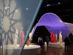 In this photo taken Thursday, Sept. 20, 2018, is the exhibit Contemporary Muslim Fashions at the M. H. de Young Memorial Museum in San Francisco. The first major museum exhibition of contemporary Muslim women's fashion reflects designs from around the world that are vibrant and elegant, playful and diverse.   The exhibit opens on Saturday.