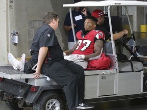 Atlanta Falcons safety Ricardo Allen leaves the game with an injury during the second half against the New Orleans Saints in an NFL football game, Sunday, Sept 23, 2018, in Atlanta.