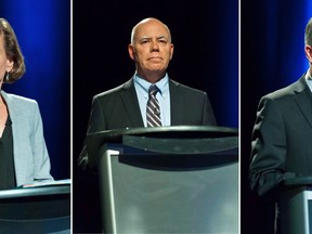 This composite image of three photographs shows New Brunswick NDP Leader Jennifer McKenzie, left to right, Green Party Leader David Coon and People's Alliance Leader Kris Austin participating in the CBC Leaders' provincial election debate, in Riverview, N.B., Wednesday, Sept. 12, 2018.