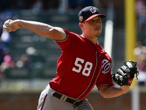 Washington Nationals' pitcher Jeremy Hellickson pitches against the Atlanta Braves during the first inning of a baseball game, Saturday, Sept. 15, 2018, in Atlanta.