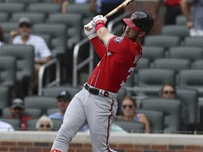 Washington Nationals' Bryce Harper hits a two-run home run against the Atlanta Braves during the first inning of a baseball game Sunday, Sept. 16, 2018, in Atlanta.