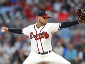 Atlanta Braves starting pitcher Anibal Sanchez delivers in the first inning of the team's baseball game against the St. Louis Cardinals, Tuesday, Sept. 18, 2018, in Atlanta.