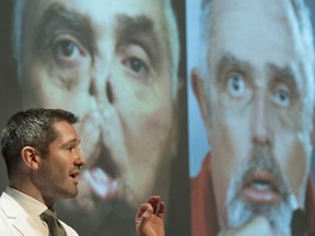 Dr. Daniel Borsuk speaks next to photographs of Maurice Desjardins during a news conference at the Maisonneuve-Rosemont Hospital in Montreal, Wednesday, September 12, 2018.