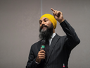 NDP Leader Jagmeet Singh speaks during the second day of a three-day NDP caucus national strategy session in Surrey, B.C., on Sept. 12, 2018.