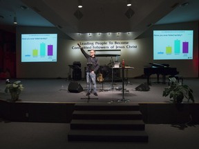 Pastor Jeff Germo of the Campbell River Baptist Church is seen during a service in Campbell River, B.C., Sunday, Sept, 23, 2018.